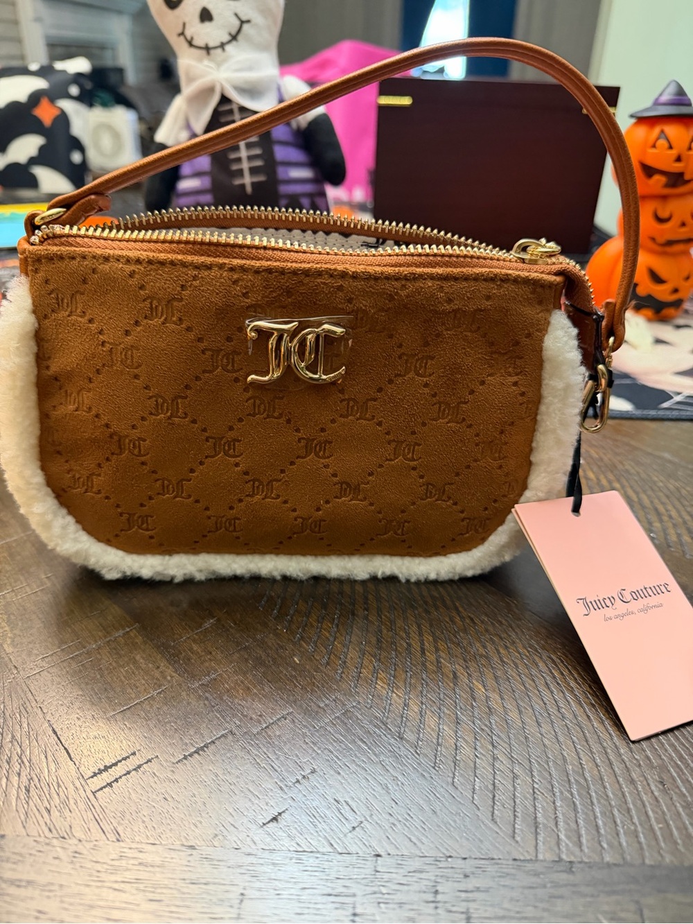 Juicy Couture Brown Suede Shearling Trim Wristlet with Gold JC Logo